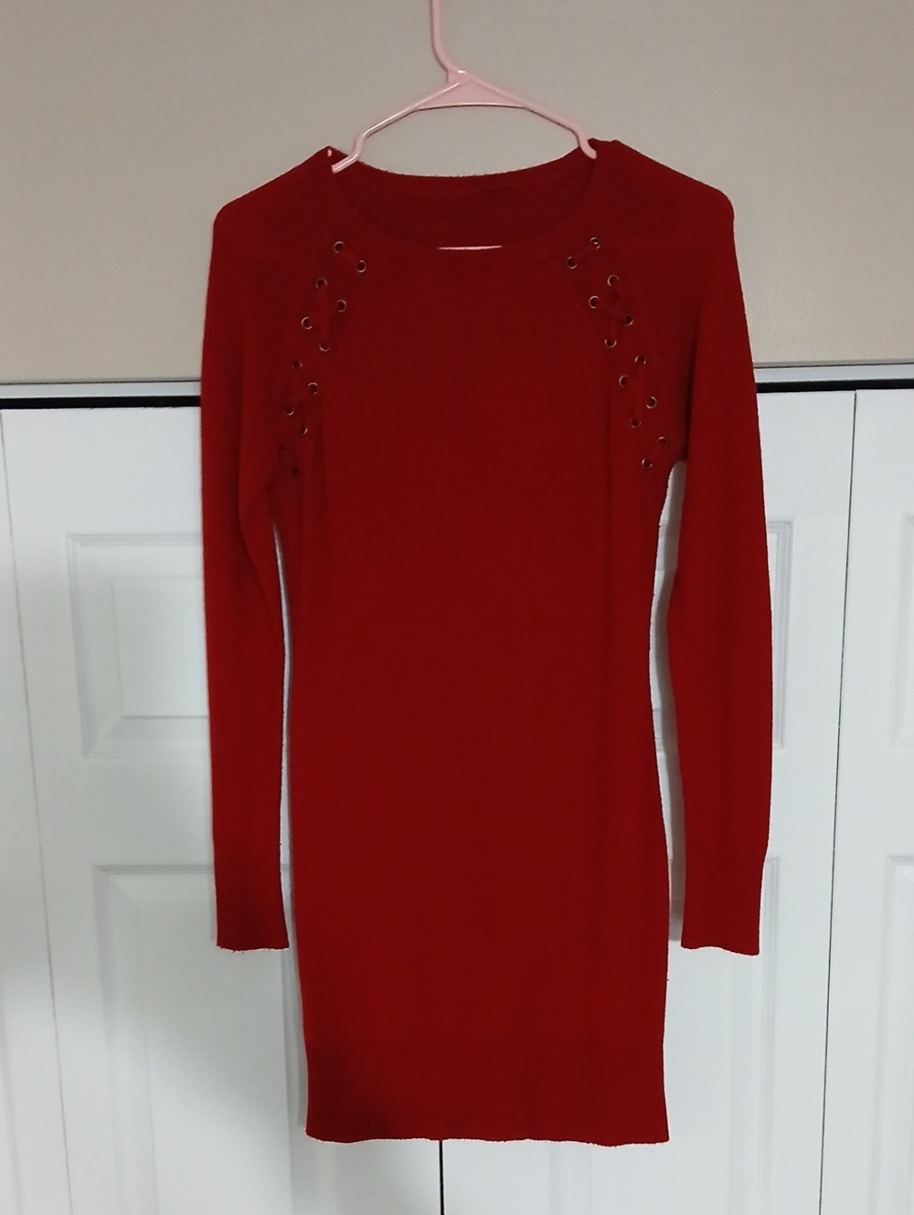 Red Long Sleeve Knit Dress with Lace-Up Detail